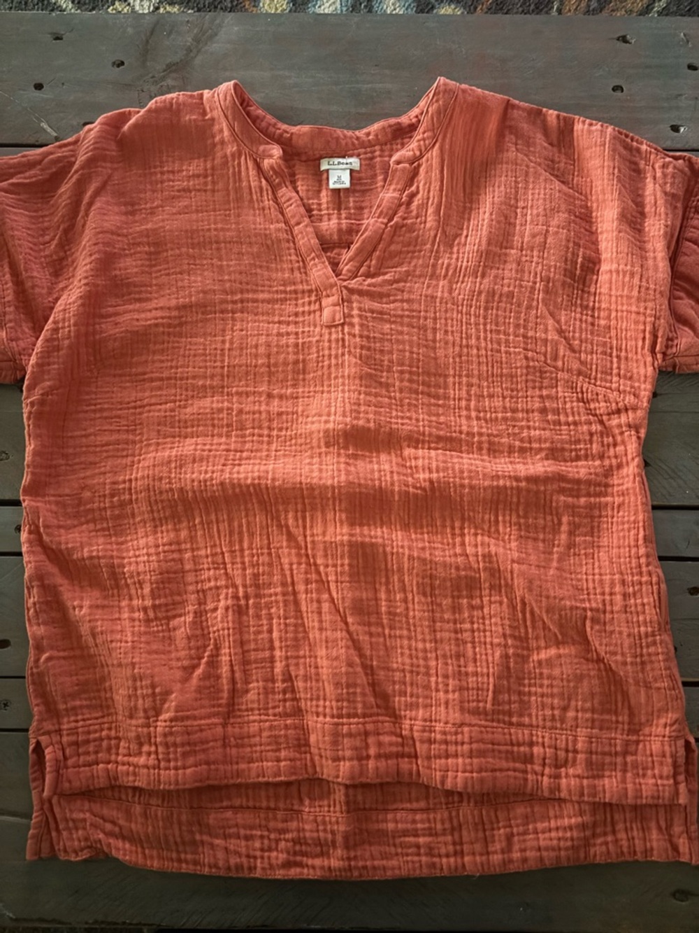 LL Bean Rust Orange Gauze Cotton Split-Neck Top